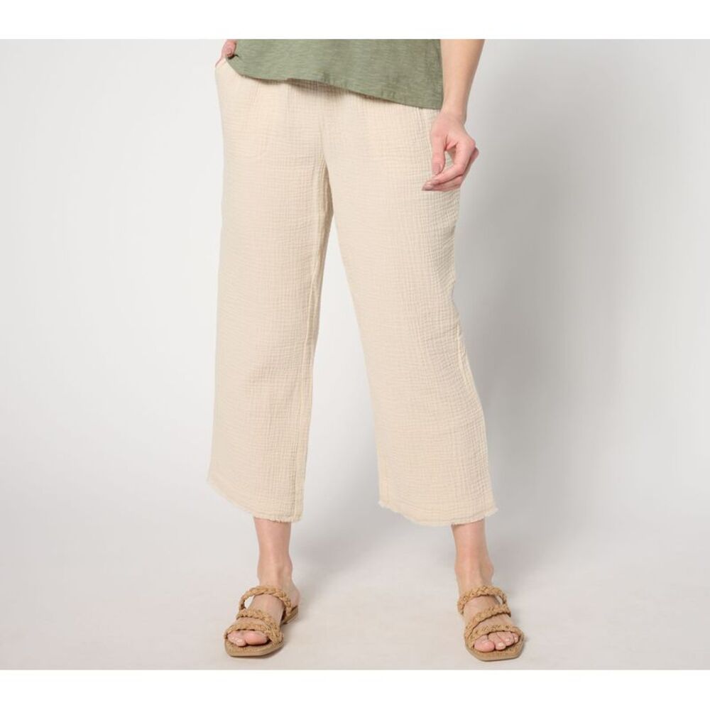 Calvin Klein Women's Petite Pants 4XP Cotton Gauze Frayed Edge Pant Brown